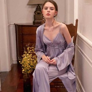 Women's Sleep Lounge Women's Sleepwear Pyjamas Women Autumn Stain V-Neck Romantic Long Sleeve Morning Robe Pyjamas Home kläder 3st Set Pijama Ins Fashionl230913