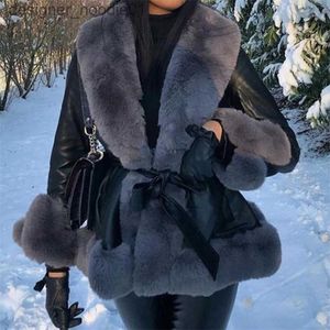 Men's Fur Faux Fur Womens Fur Faux Fur Womens Winter Leather Jacket Stitching Faux Fur Collar Cuff Coat Belt Slim Elegant Warm Thick Overcoat Female 220926 L230913