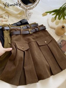 Юбки Yitimoky вельветовые плиссированные для женщин осень-зима 2023 корейская модная винтажная юбка мини с высокой талией и поясом