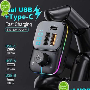 Dual-USB-Autoladegerät, FM-Transmitter, Bluetooth-Adapter, PD, 25 W, schnelle Hände, Stereo-MP3-Musik-Player, farbige Lichter, Drop-Lieferung, Dh50P