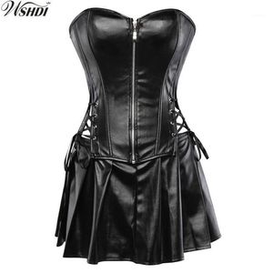 Black Faux Leather Corset Dress Overbust Boned Basque Mini Skirt Sexy Lingerie Bodyshaper Slimsuit Nightwear S-6XL Plus Size12427