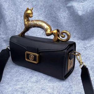 lanvi top quality shoulder bags Genuine Leather Leopard Handheld Women's Bag Designer Bags Fashion Versatile Intellectual Cat Pencil Box Carved Handle Bag 230815