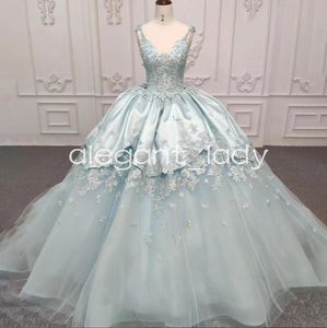 vestido verde menta quinceanera elbiseler 3d çiçek aplike dantel leke tutu v yaka prenses korse vestido de baile de quinceanera