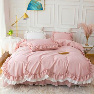 Комплект постельного белья из 100% хлопка в корейском стиле, двухслойное однотонное одеяло с рюшами принцессы/пододеяльник, юбка-кровать, наволочки