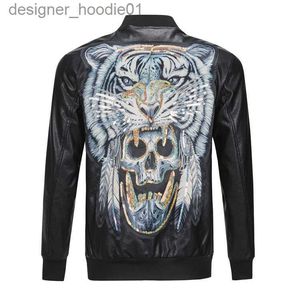 Jaqueta masculina de pele sintética, casaco de inverno outono slim fit tigre bordado hip hop motocicleta pu jaqueta de couro sintético casacos de manga comprida l230913