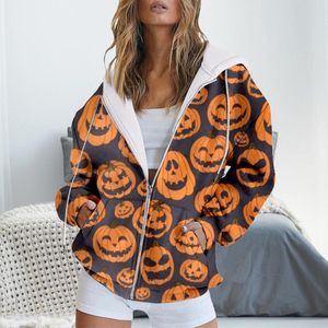 女性のパーカーハロウィーン春と秋のファッションパンプキンバットバタフライフード付きスウェットシャツ長袖ポケットジッパースポーツコート緩んだ