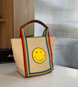 Anya väska gul smiley ansikte canvas cowhide regnbåge färg på handväska strandpåse tote handväska väska designer väska lyx axel väskor kvinnor crossbody väska