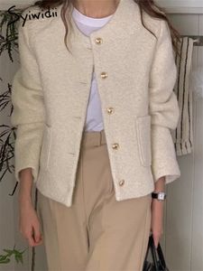 Kvinnors ull blandar Syiwidii ​​Solid Wool Coat Women Autumn Winter Vintage Långärmning O Neck Jacka Fashion Loose Button Up Tweed Jacket 230912