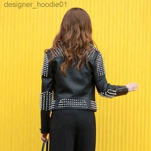 Men's Fur Faux Fur Women Punk Studded Leather Jacket Black Spring Rivet Washed PU Biker Rock Fashion Coat L18BD290 211215 L230913