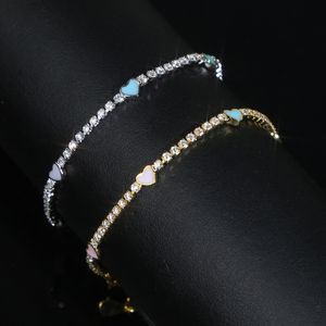 Trendy Delicate Thin Rainbow Color Enamel Mini Heart Love Tennis Chain Bangle Elegant Bracelet Hip Hop Paved Cubic Zirconia Women Party Gift Wholesale Jewelry