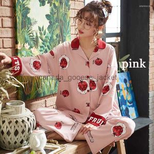 Women's Sleep Lounge Women's Sleepwear Women's Fruit Print Pajamas Sets Lapel Long-sleeved Comfortable Breathable Lady Nightwear Cotton Female DropL230913
