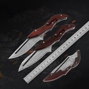 Hög hårdhet Damascus Knife Wood Handle Pocket Folding Knives Outdoor Camping Cutter EDC Multitool