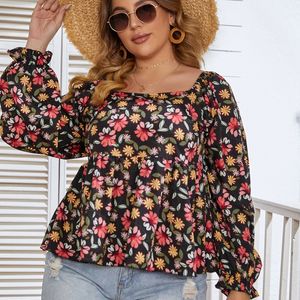 Damen-T-Shirt in Übergröße, Blumenmuster, quadratischer Ausschnitt, Sommer, Frühling, elegante Schößchenbluse, Damen, Laternenärmel, lässig, Boho, groß, 7XL, 230912