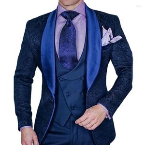 Men's Suits Men Suit 3 Pieces Navy Blue Jacquard Fabric Business Slim Fit Wedding Groom Party Banquet Tuxedo Jacket Vest With Pants