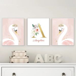 Pink Crown Swan Golden Customized Baby Kids Name Affischer and Prints Nursery Wall Art Canvas målningar för flickor sovrum dekorl01