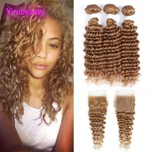 Yirubeauty Cabelo Virgem Humano Brasileiro 3 Pacotes Com Fechamento de Renda 4*4 27 # Cor Onda Profunda Tramas de Cabelo Com Fechamento Parte Livre 10-30 polegadas