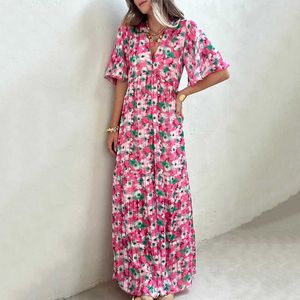 夏のvネックルーズハーフスリーブハイウエストドレス新しい女性のファッションホリデースタイルプリントロング