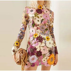 Casual Dresses Floral Embroidery Elegant Women Mini Dress Half High Collar Long Sleeve 2023 Spring Evening Party Lady Vestido