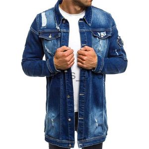 Herrjackor mode mens långa denimjackor rockar rippade nödställda smala fit jeans jackor avslappnad jean jacka kappa för manlig x0913 x0913