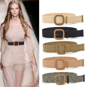 Women's grass-like woven wide simple round button belt cotton linen elastic woven elastic dress belt K716