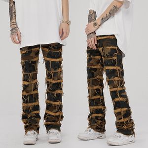Erkekler Kot Düzenli Uyum Yığınlı Yama Sıkıntılı Yıkılmış Düz Denim Pantolon Hip Hop Sokak Giyim Y2K Grunge Kot Pantolon
