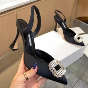 Fashion brand sandals women high heels satin dress shoes luxurious Designer Shoes crystal large buckle decoration classic 9CM wine glass ankle strap party shoe