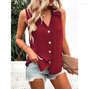 Abbigliamento etnico T-shirt estiva da donna Canottiera casual moda tinta unita Canotte oversize scollo a V senza maniche Camicia con bottoni Donna risvoltata