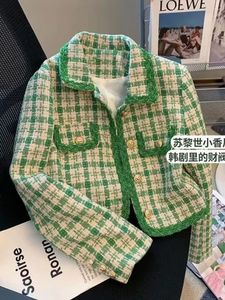 Giacche da donna Pista di alta qualità Donna coreana a maniche lunghe Verde Pied de poule Luxury Tweed Giacche corte Cappotto Capispalla Completo Donna 230912