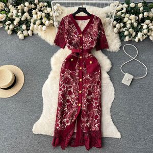 Casual Dresses French Dress Women Summer New Fashion Single Breasted Short Sleeve Lace Hollow Sexy Party Elegant Clothes Vestido F242t