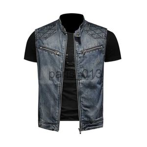 Jaquetas masculinas jaquetas masculinas 2023 novos homens motocicleta motociclista denim colete vintage azul zíperes bolsos sem mangas jaquetas punk cowboy moda wasitcoat colete j230821 x091