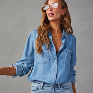 Blusas femininas camisas moda lapela único breasted denim casual cor sólida manga longa blusa solta versátil camisa topos 230912