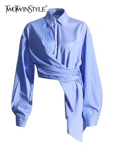 Camicette da donna Camicie TWOTWINSTYLE Colorblock a righe casual minimalista per le donne bavero manica lunga patchwork camicia monopetto femminile 2023 230912