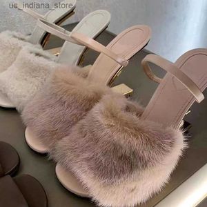 Slippers newest Designer High heeled slippers womens sandals Fashion Mink hair Real wool F heel shoes Genuine Leather sole 8.5 cm Heels women Q230913
