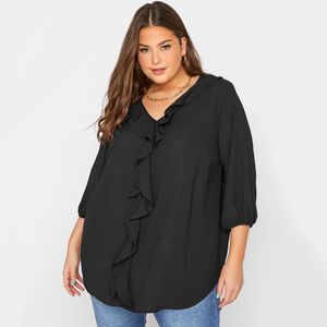 Damen-T-Shirt in Übergröße, sexy V-Ausschnitt, Sommer, Frühling, elegante, schicke Bluse, Damen-Bluse mit Rüschen, 34-Ärmel, lässiges schwarzes Tunika-Oberteil, groß, 6XL, 7XL, 230912