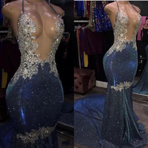 Sexy brilho cristal sereia vestidos de baile imagem real sem costas longos vestidos de baile halter formal vestido de festa personalizado made266o