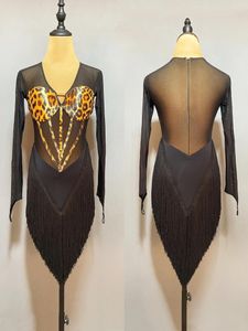 Stage Wear Latin Dance Dress Women Adult Sexy Fringe Leopard Long Sleeves Competition Clothing Cha Rumba Costume JL5748