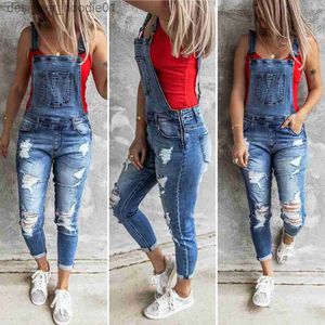 Womens Jumpsuits Rompers Women Retro Denim Bib Overalls Jeans Jumpsuits and Rompers Ladies Ripped Hole Casual Stretch Long Playsuit Pockets Jumpsuit for Womens L23