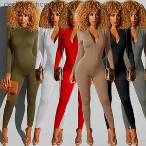 Kobiety Jumpsuits Rompers Activewear swobodny zamek błyskawiczny w górę rompers damski kombinezon głęboki V Nakień pełny rękaw jeden kawałek ogólny trening chudy bodysuit damskie Jumpsuits L23