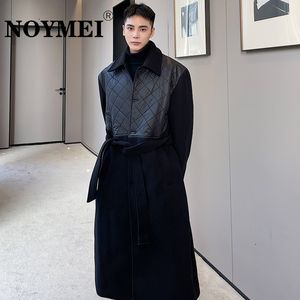 Men's Trench Coats NOYMEI Leather Patchwork Korean Windbreaker Lapel Black Belt Design Fashion Winter Autumn Allmatch Temperament WA2562 230912