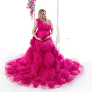 2023 Newest Fuchsia Handmade Flowers Maternity Pretty Tulle Floral A-line Pregnant Women Gowns One Shoulders Dress