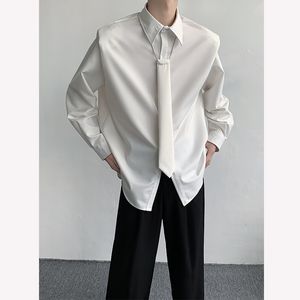 Мужские повседневные рубашки, черно-белые рубашки с галстуком, мужская модная социальная мужская одежда, корейские свободные подплечники с длинными рукавами, формальные 230912