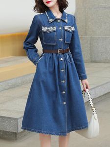 Casual Dresses ftlzz Autumn Winter Lady Lapel Single Breasted Denim Dress Vintage Long-Sleeve Beading A-Line Midi With Belt