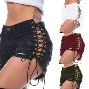 Women's Jeans Denim Shorts Sexy High Waisted Perforated Summer Open Hip Pants Super Side Lace Up Casual