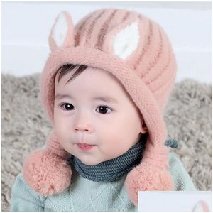 Chapéus Chapéus 2022 Inverno Bebê para Crianças Mantenha Meninas Quentes Algodão Grosso Sólido Malha Bonito Orelhas Beanie Pompom Bomber Drop Delivery Kids M Dhgyn