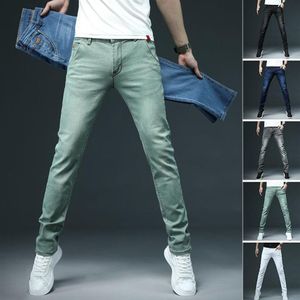 Calças de brim masculinas verão fino algodão calças casuais all-match estiramento magro cintura baixa zíper denim calças lápis masculino2670