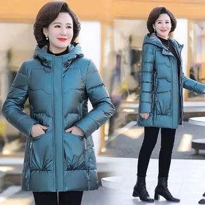 Women's Trench Coats Middle Aged Bright Down Cotton Jacket Autumn Winter Warm Quilted Jackets Female Casual Hooded Parka Overcoat