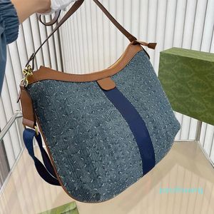 Azul Denim Crescente Bolsa 42 cm Grande Vintage Crossbody Shop Bag Meia Lua Bolsas Mulheres Bolsa De Lona De Couro Bolsas De Ombro Bolsa Azul Listra Vermelha