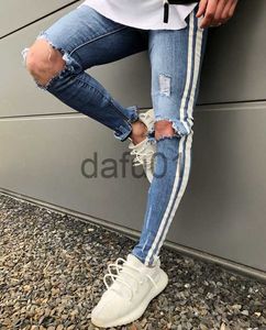 Men's Jeans Mens Blue Ripped Holes Jeans Side Striped Skinny Straight Slim Elastic Denim Fit Jeans Male Fashion Long Trousers Jeans234j x0914 x0911