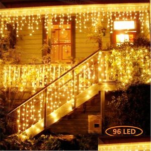 Cordas LED Cortina Icicle String Luzes Natal Decoração Ao Ar Livre 220V 4M Droop 0.4-0.5-0.6M Fada para Eaves Garden Drop Delivery Dhkda