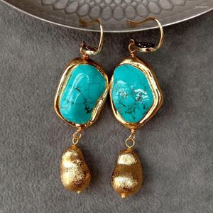 Dangle Earrings YYGEM Blue Turquoise Nugget Shape Gold Plated Brushed Bead Hook Office Style For Women